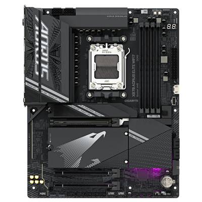 Eine schwarze Computer-Mainboard-Platine mit mehreren Steckplätzen, einem großen Kühlkörper mit dem Logo 'AORUS' und LED-Anzeige.