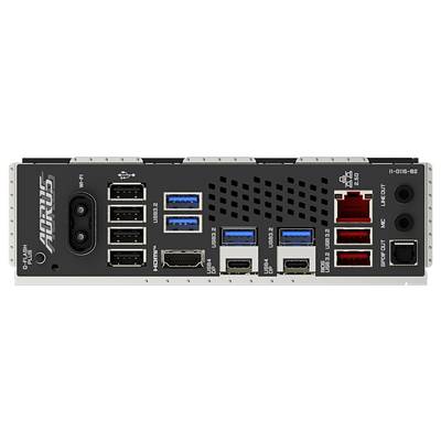 'Rückseite eines Motherboards mit USB- und HDMI-Anschlüssen, Ethernet-Ports, Audio-Ausgängen und einem Wi-Fi-Anschluss.'