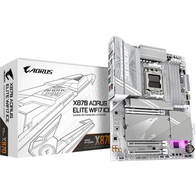 'X670 AORUS ELITE WIFI7 ICE' Hauptplatine und Verpackung mit futuristischem Design. Enthält AMD Ryzen X670 Chipset, geeignet für Gaming.