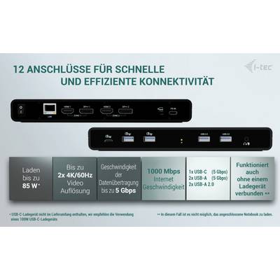 'Anschlüsse' für Dockingstation, Gesamtbild zeigt 12 Ports für 'schnelle Konnektivität', inklusive '4K Video', 'Gigabit Ethernet', 'USB-C', und Ladefunktionen.