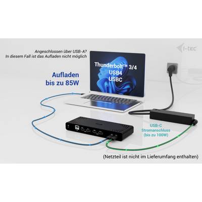 'Laptop mit Bildschirm, verbunden mit einem Hub über USB-C. Hinweis: Aufladen bis 85W. Netzteil nicht im Lieferumfang enthalten.'