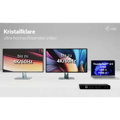 'Zwei Monitore mit 'bis zu 4K/60Hz' verbunden mit einem Laptop. Text: Kristallklare ultra-hochaufloesendes Video.'