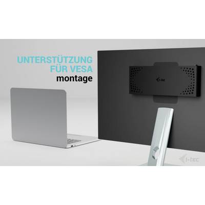 Ein Laptop und ein Monitor mit VESA-Halterung. Text: 'Unterstützung für VESA-Montage'.