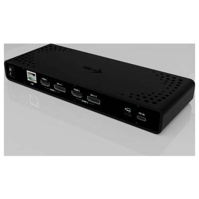 Ein schwarzer Multimedia-Hub mit mehreren HDMI- und Display-Port-Anschlüssen sowie einem LAN- und einem Stromanschluss.