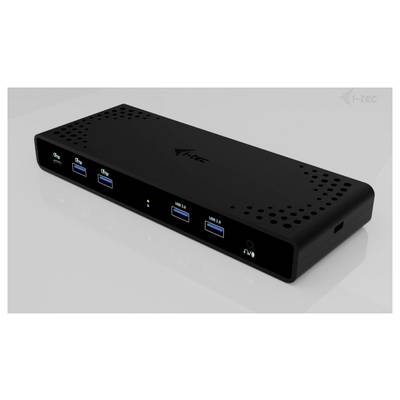 Schwarze USB-Dockingstation mit fünf blauen USB-Anschlüssen und LED-Anzeige auf einer grauen Oberfläche.