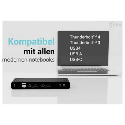 Eine Dockingstation und ein Laptop. Text: 'Kompatibel mit allen modernen Notebooks', Thunderbolt™ 4, Thunderbolt™ 3, USB4, USB-A, USB-C.