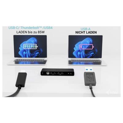 Zwei Laptops und ein Dock: Links USB-C/Thunderbolt lädt bis zu 85W, rechts USB-A nicht laden. Verbindungskabel im Vordergrund.