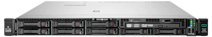 Ein Server mit mehreren Laufwerksschächten vorne, erkennbar durch LEDs und ein DVD-Laufwerk.
