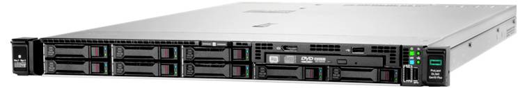 Ein silberner Server mit mehreren Laufwerkschächten und Lichtern auf der Vorderseite, geeignet für IT-Infrastrukturen in Rechenzentren.