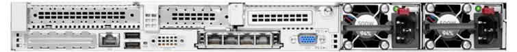 Rückansicht eines Servergehäuses mit mehreren Netzwerkanschlüssen, Lüftern zur Kühlung und Stromanschlüssen.