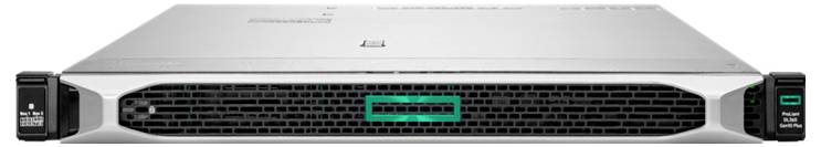 Ein silberner Server mit schwarz-grünem Logo auf der Vorderseite, zeigt die Frontansicht und Lüftungsgitter.