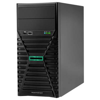 Ein schwarzer Desktop-Computer-Tower mit Lüftungsschlitzen und mehreren Eingangsanschlüssen auf der Frontseite.