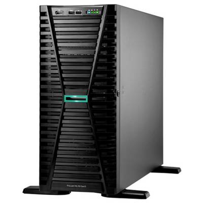 Schwarzer Server-Tower mit mehreren Lüftungsschlitzen und Anschlüssen an der Oberseite, steht auf Füßen in einem Serverraum.