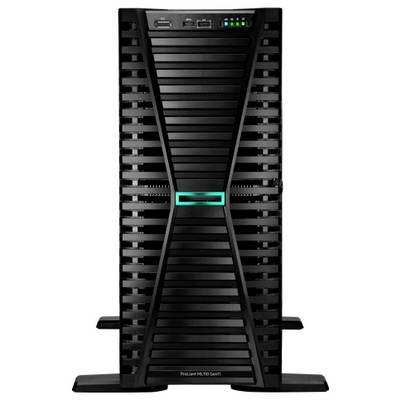 Ein schwarzer Server-Tower mit LED-Leuchten und USB-Anschlüssen auf der oberen Vorderseite. Beschriftet mit 'ProLiant ML110 Gen11'.