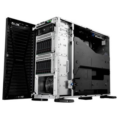 Geöffnetes Computergehäuse mit mehreren Festplatteneinschüben, Kühleinheit und sichtbaren Kabeln. Eignet sich für Serveranwendungen.