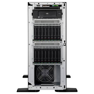 Ein geöffneter Server mit mehreren Festplattensteckplätzen und einem Lüfter an der Unterseite. Ideal für umfangreiche Datenspeicherung.