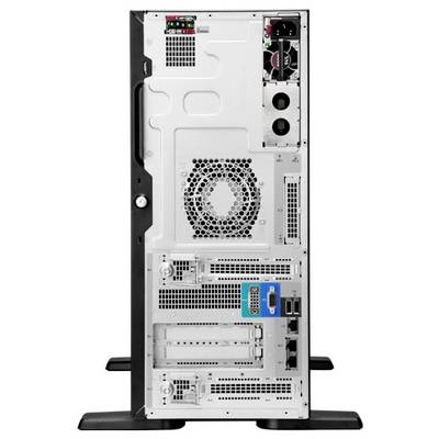 Ein Computergehäuse von hinten mit sichtbaren Anschlussmöglichkeiten wie Lüftergitter, Netzteilanschluss und verschiedenen Ports.