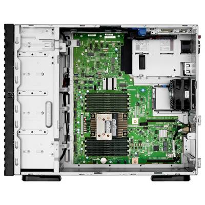 Offene Ansicht eines Computergehäuses zeigt interne Komponenten wie Hauptplatine, CPU-Kühler, RAM-Steckplätze und Netzteil.