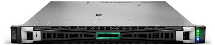 Ein Server-Rack im Vorderansicht, silberfarbenes Gehäuse mit schwarzen Akzenten, zeigt Betriebs-LEDs in grüner und blauer Farbe rechts.