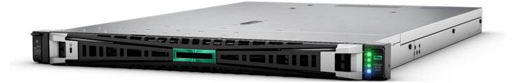 Server mit metallischem Gehäuse liegt auf flacher Oberfläche, grüne und blaue LED-Anzeigen leuchten an der Vorderseite.