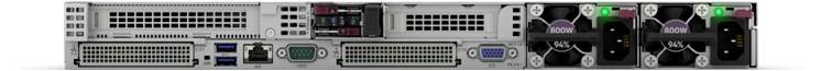Rückseite eines Servergehäuses mit Lüftern, Anschlüssen und Schnittstellen für Netzwerk, USB und Stromversorgung.