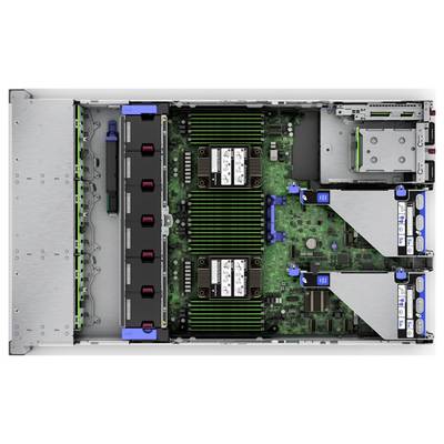 Servergehäuse von oben mit geöffnetem Deckel, zeigt Platine mit zwei großen Kühlkörpern, mehreren RAM-Riegeln und PCI-Express-Steckplätzen.