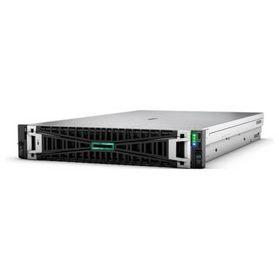 Ein schwarzer Server mit einem HPE-Logo auf der Vorderseite, montiert in einem silbernen Gehäuse. Geeignet für IT-Infrastrukturen.