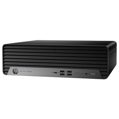 Schwarzer HP EliteDesk Desktop-PC, flachliegendes Design, mehrere USB-Anschlüsse an der Vorderseite, geeignet für Büroanwendungen.