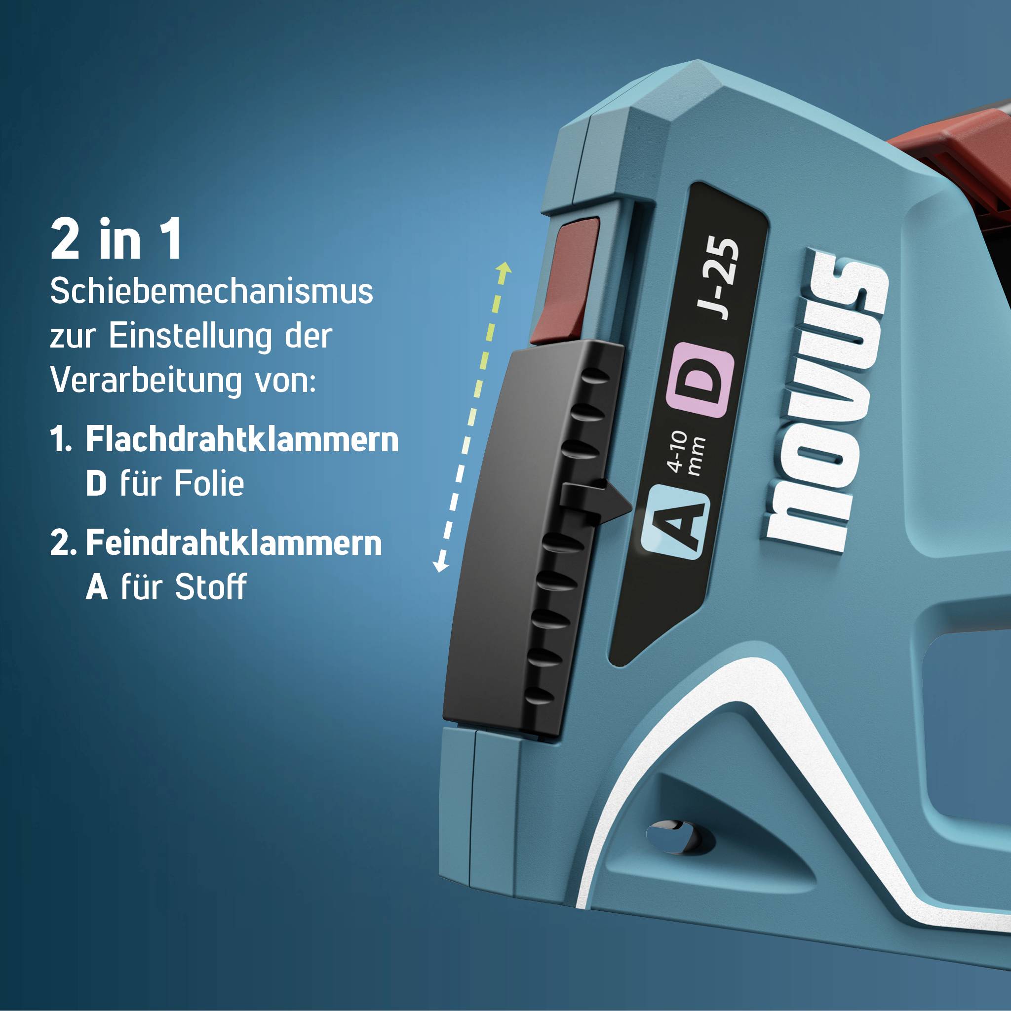 'Novus J-25 Tacker, 2 in 1, Schiebemechanismus zur Verarbeitung von Flachdrahtklammern und Feindrahtklammern, Farbe blau.'