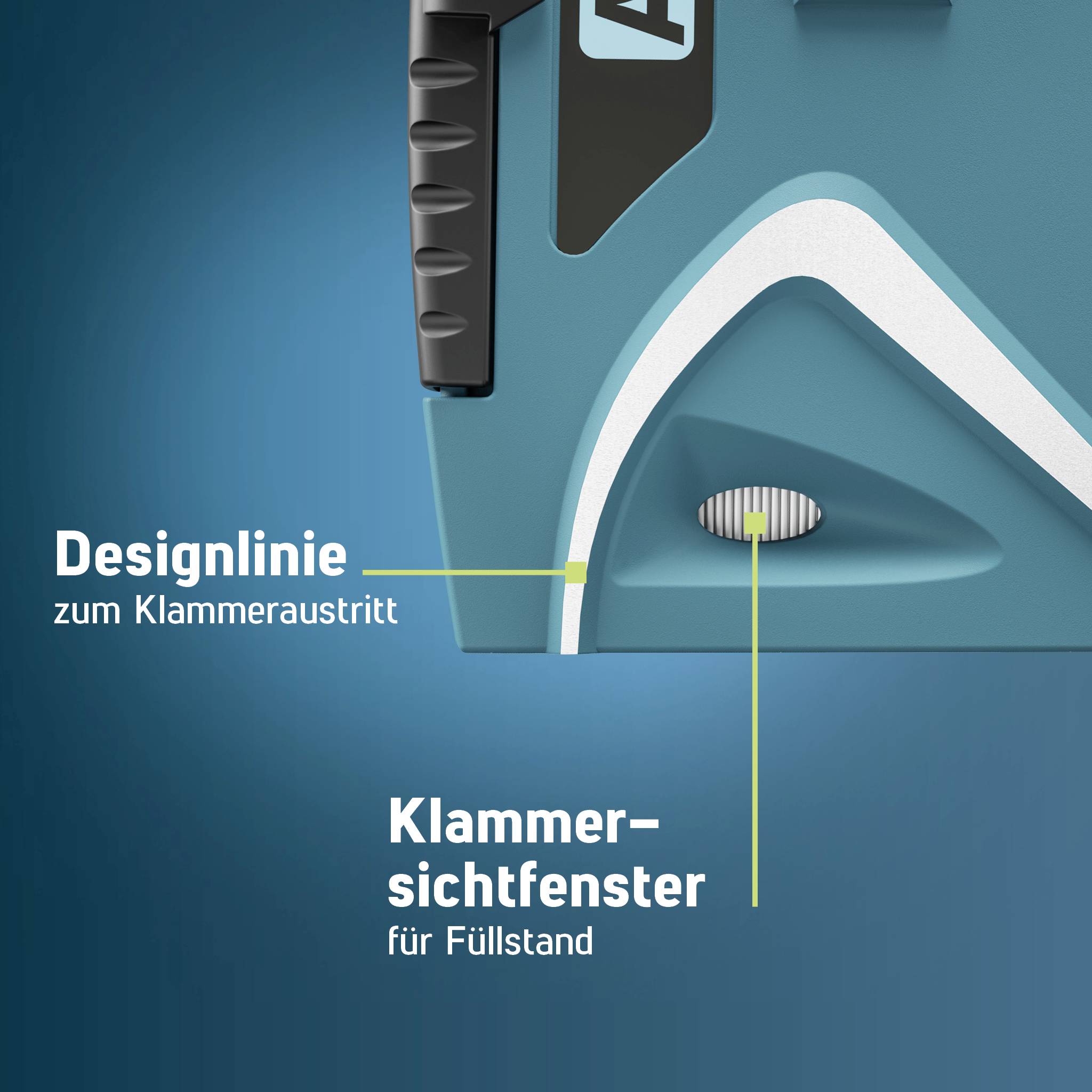 'Designlinie zum Klameraustritt' und 'Klammer-Sichtfenster für Füllstand' sind auf einem technischen Gerät markiert.