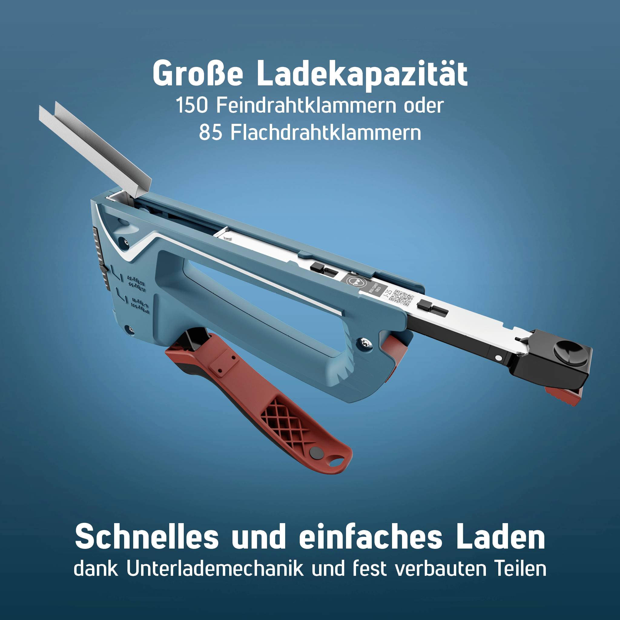 'Tacker mit großer Ladekapazität: 150 Feindraht- oder 85 Flachdrahtklammern. Schnelles Laden, dank Unterlademechanik und festen Teilen.'