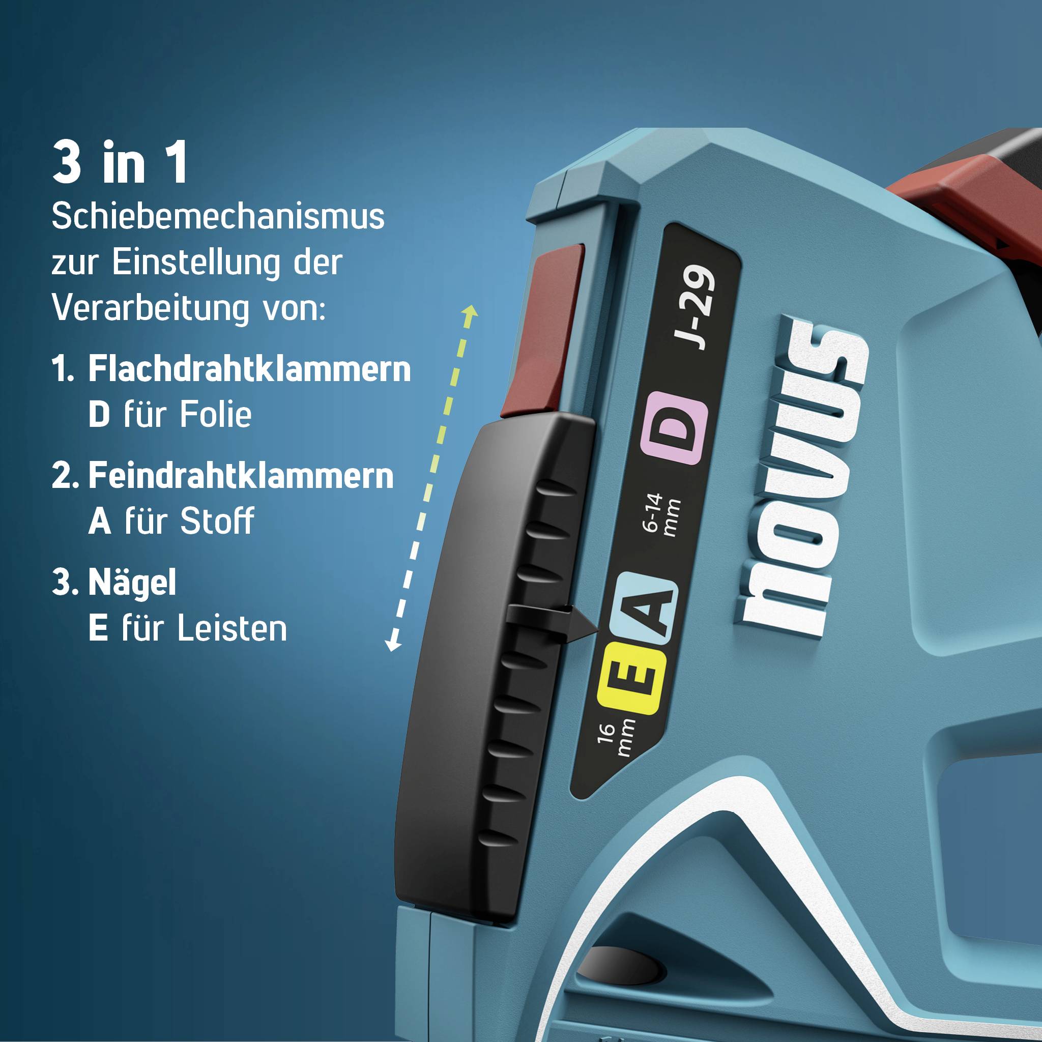Blauer Novus Tacker mit Schiebemechanismus zur Einstellung für Klammerarten 16, 6-14 mm. Links Erklärung der Klammereinstellungen.