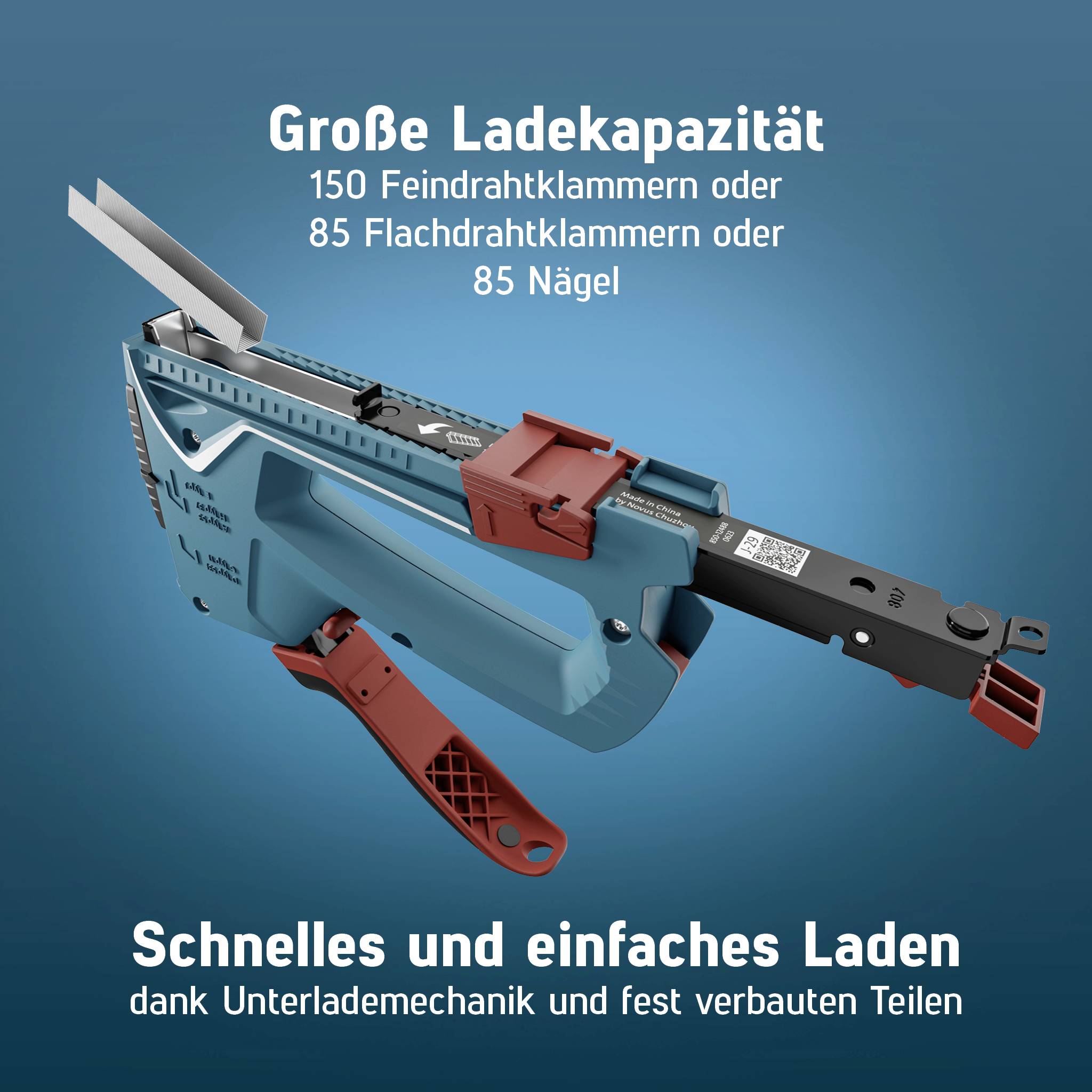 Eine Ladeklammerpistole mit der Aufschrift 'Große Ladekapazität: 150 Feindrahtklammern oder 85 Flachdrahtklammern oder 85 Nägel'.