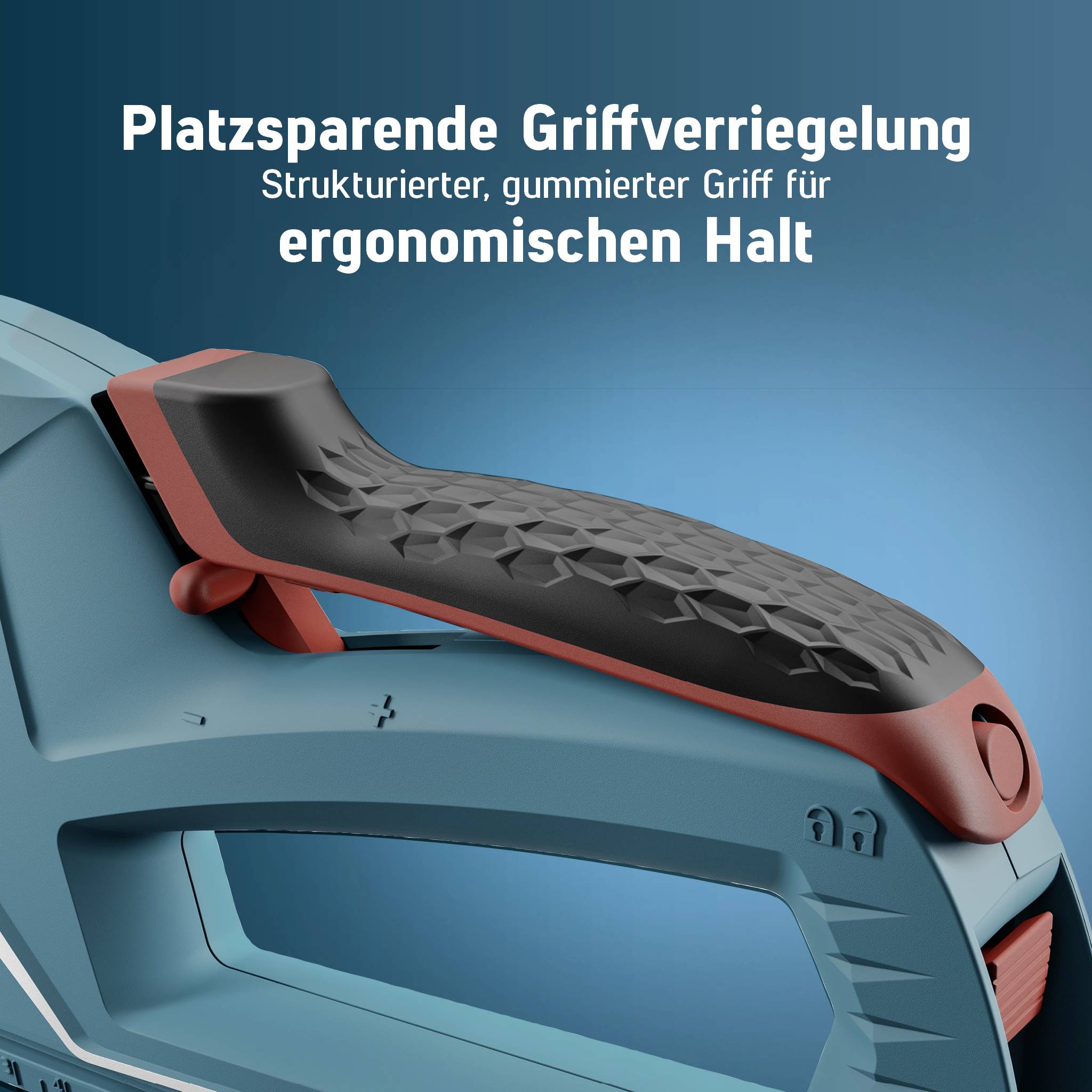 Das Bild zeigt eine handliche Werkzeuggriffverriegelung mit strukturiertem, gummiertem Griff für ergonomischen Halt.