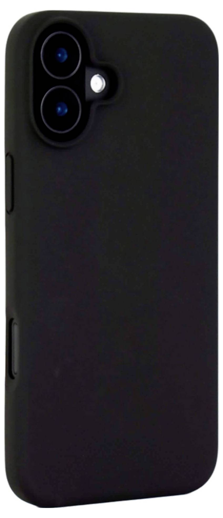 Schwarze Handyhülle auf weißem Hintergrund mit Kameraausschnitt links oben und Tasten auf der Seite.