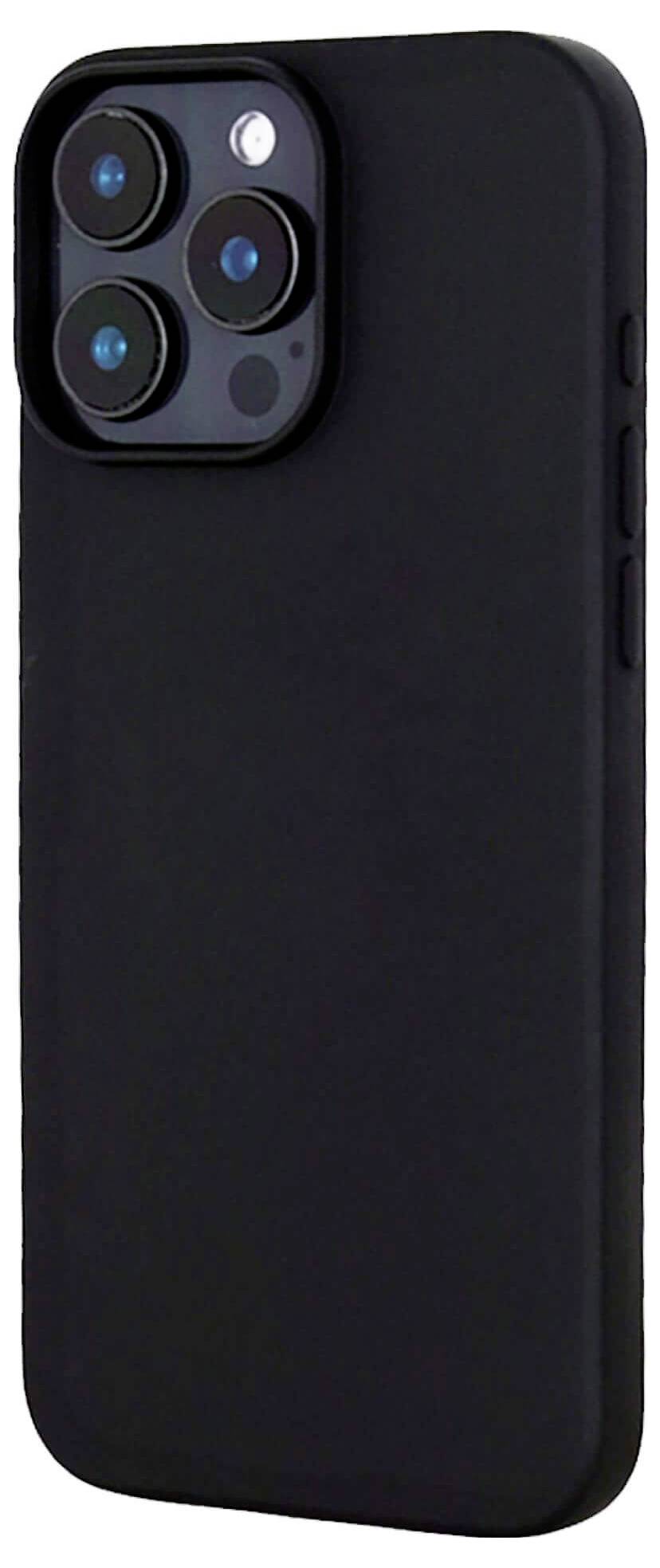 Ein schwarzes Smartphone mit drei sichtbaren Kameraobjektiven auf der Rückseite.