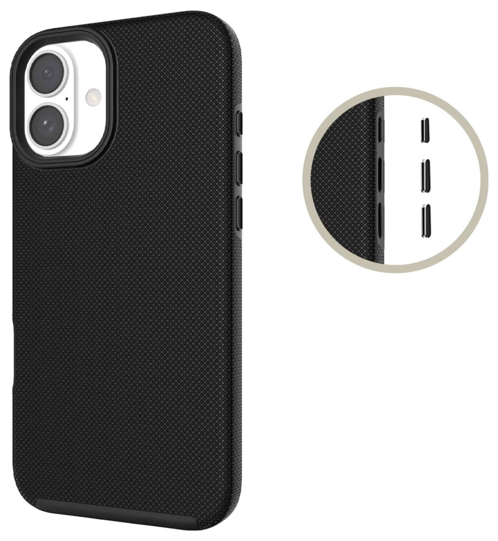Ein schwarzes Handycase mit texturierter Oberfläche und Aussparungen für Kamera und Knöpfe. Zeigt Detailansicht der Seitenknöpfe.