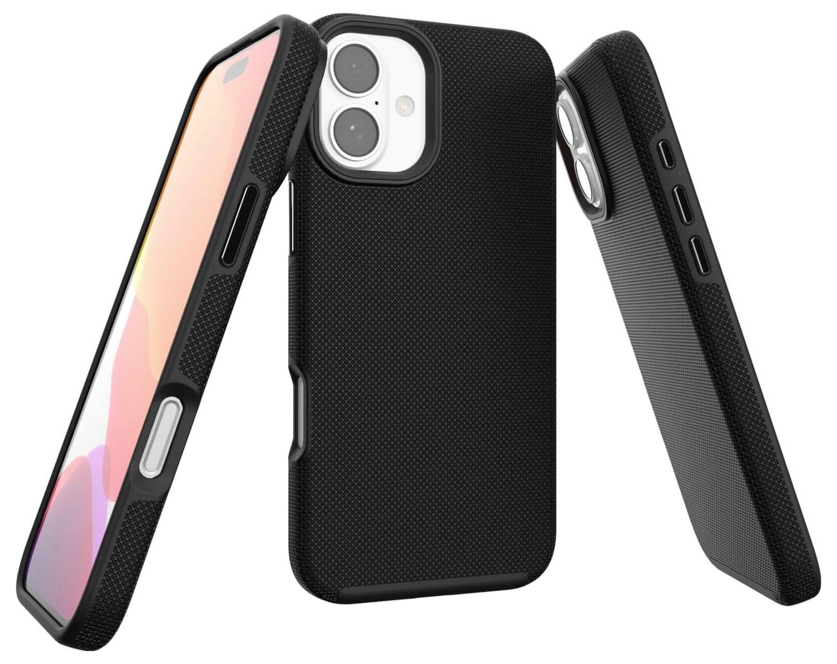 Schwarzes Smartphone-Schutzgehäuse, das ein Mobiltelefon umgibt, zeigt es von hinten und den Seiten, mit Aussparungen für Tasten und Kamera.