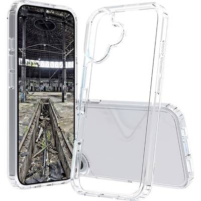 'Transparente Handyhülle, iPhone-förmig, zeigt Bild einer alten Industriehalle mit Gleisen und Maschinen.'