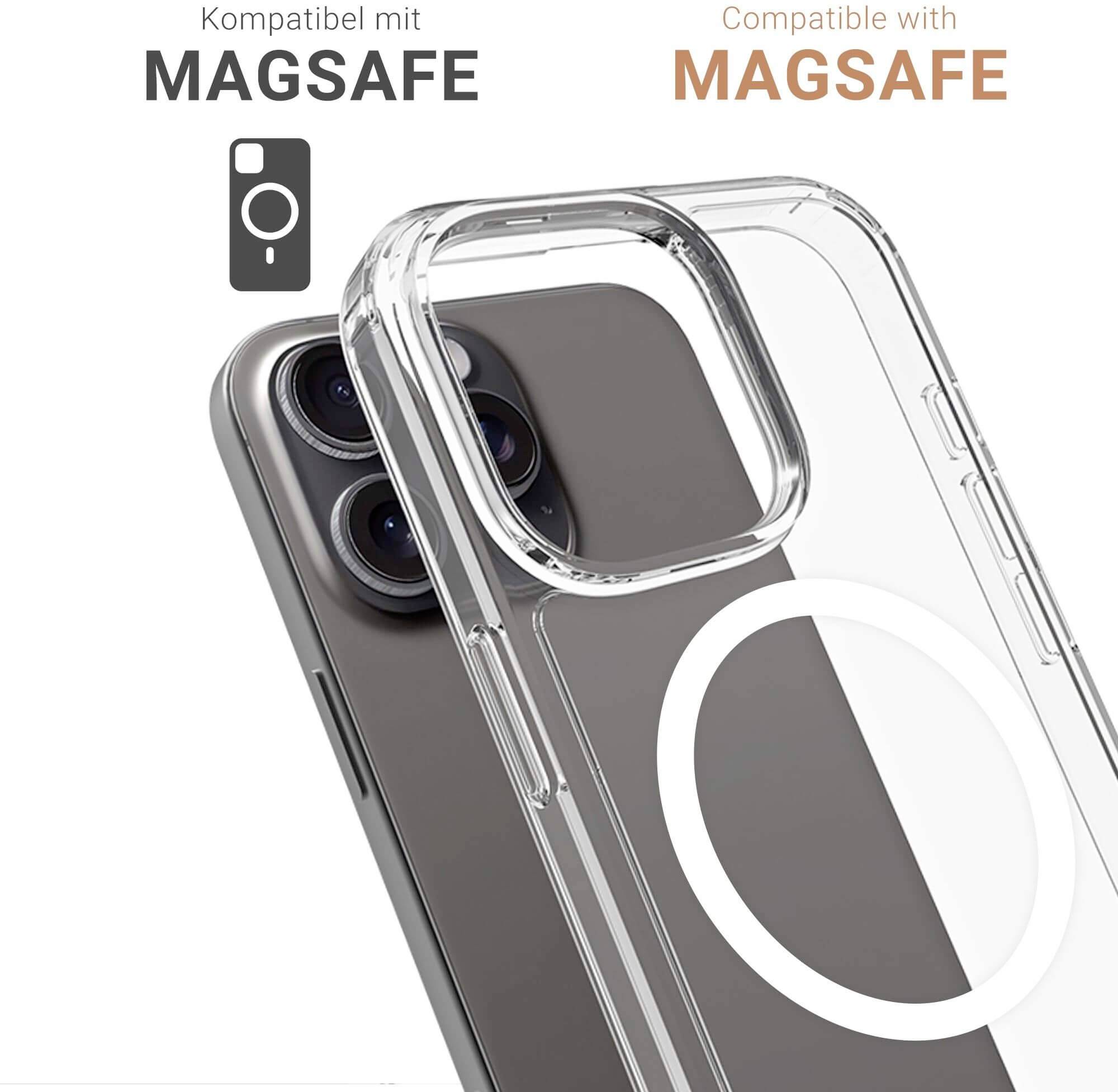 Transparente Handyhülle, kompatibel mit MagSafe, zeigt Rückseite eines Smartphones und kreisförmige Markierung für Ladestation.