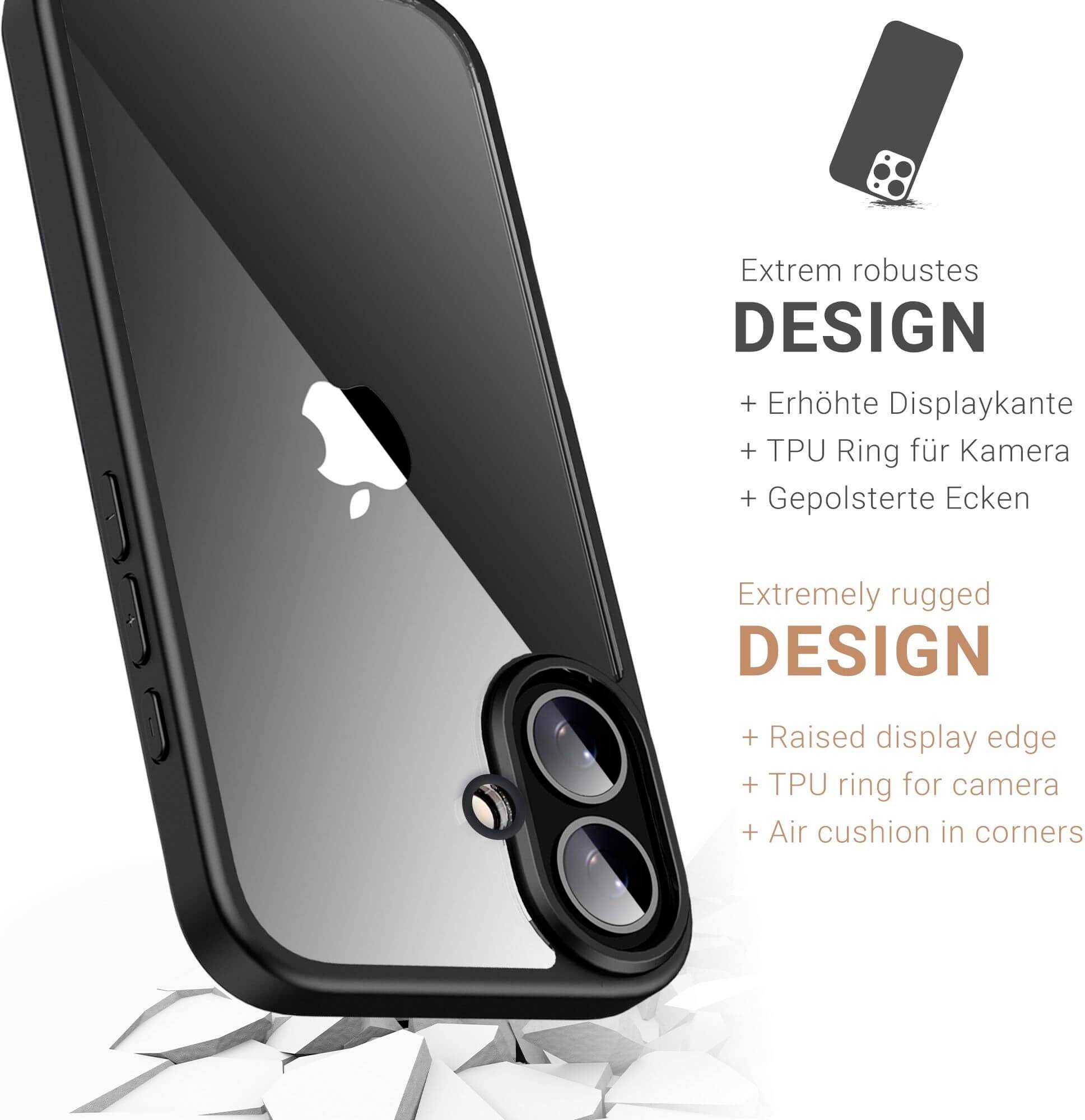 'Extrem robustes Design': Schwarzes Handycover mit erhöhter Displaykante, TPU-Ring für Kamera, gepolsterte Ecken. Dreisprachige Beschreibung.