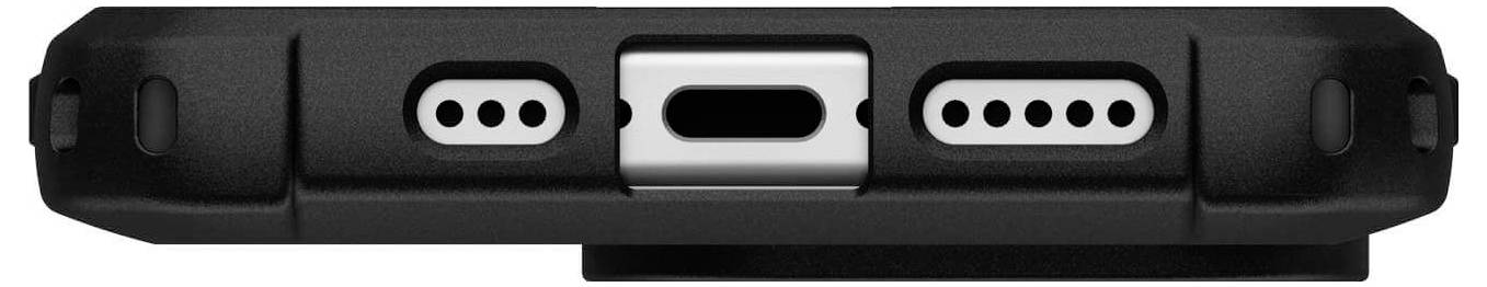 Schwarzes Smartphone-Gehäuse mit Öffnungen für Anschlüsse und Lautsprecher, darunter eine zentrale Ladeanschlussöffnung.