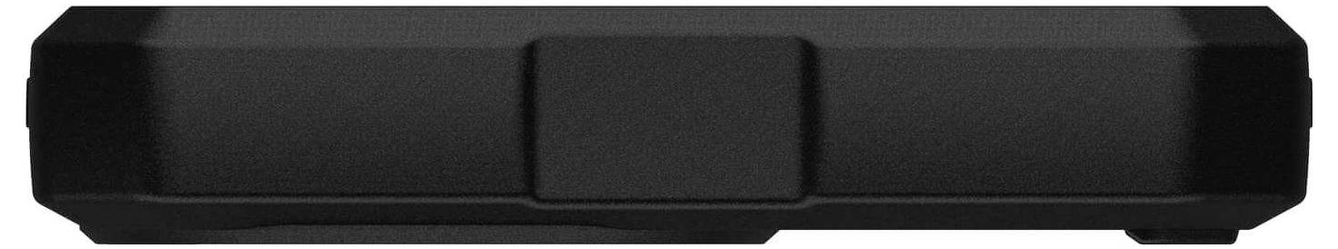 Schwarzes, rechteckiges elektronisches Gerät mit einfachem Design, zentrale Erhebung oben, vermutlich ein Gehäuse oder Ladegerät.