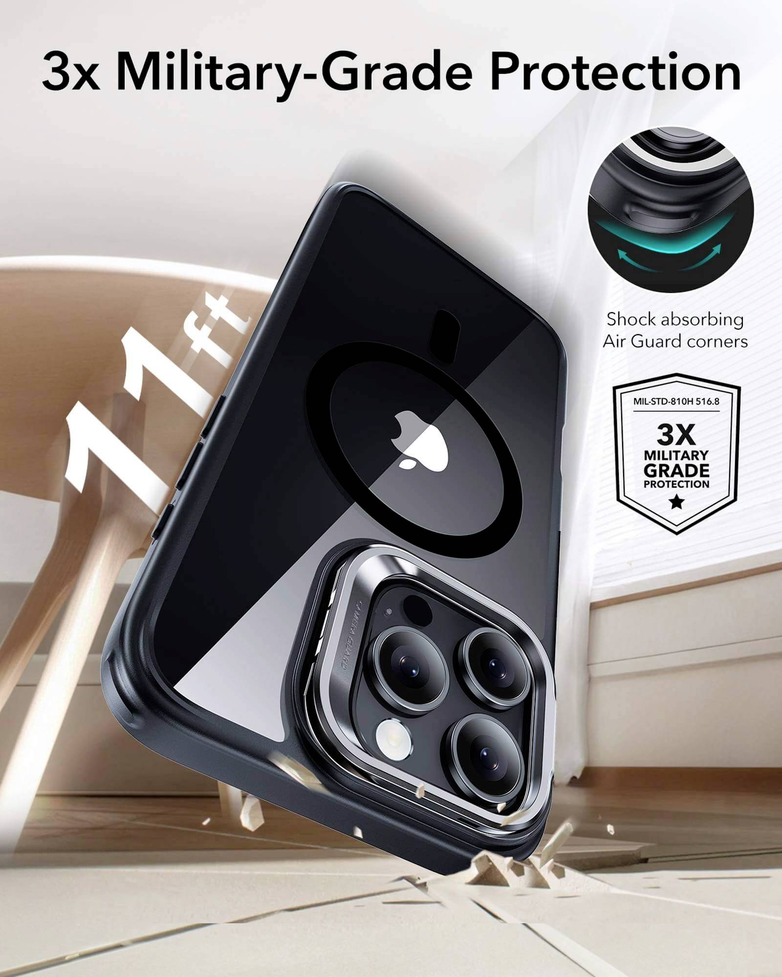 Ein Smartphone mit dreifachem militärischem Schutz, das aus 11 Fuß Höhe fällt. Text: '3x Military-Grade Protection'. Stoßdämpfend.