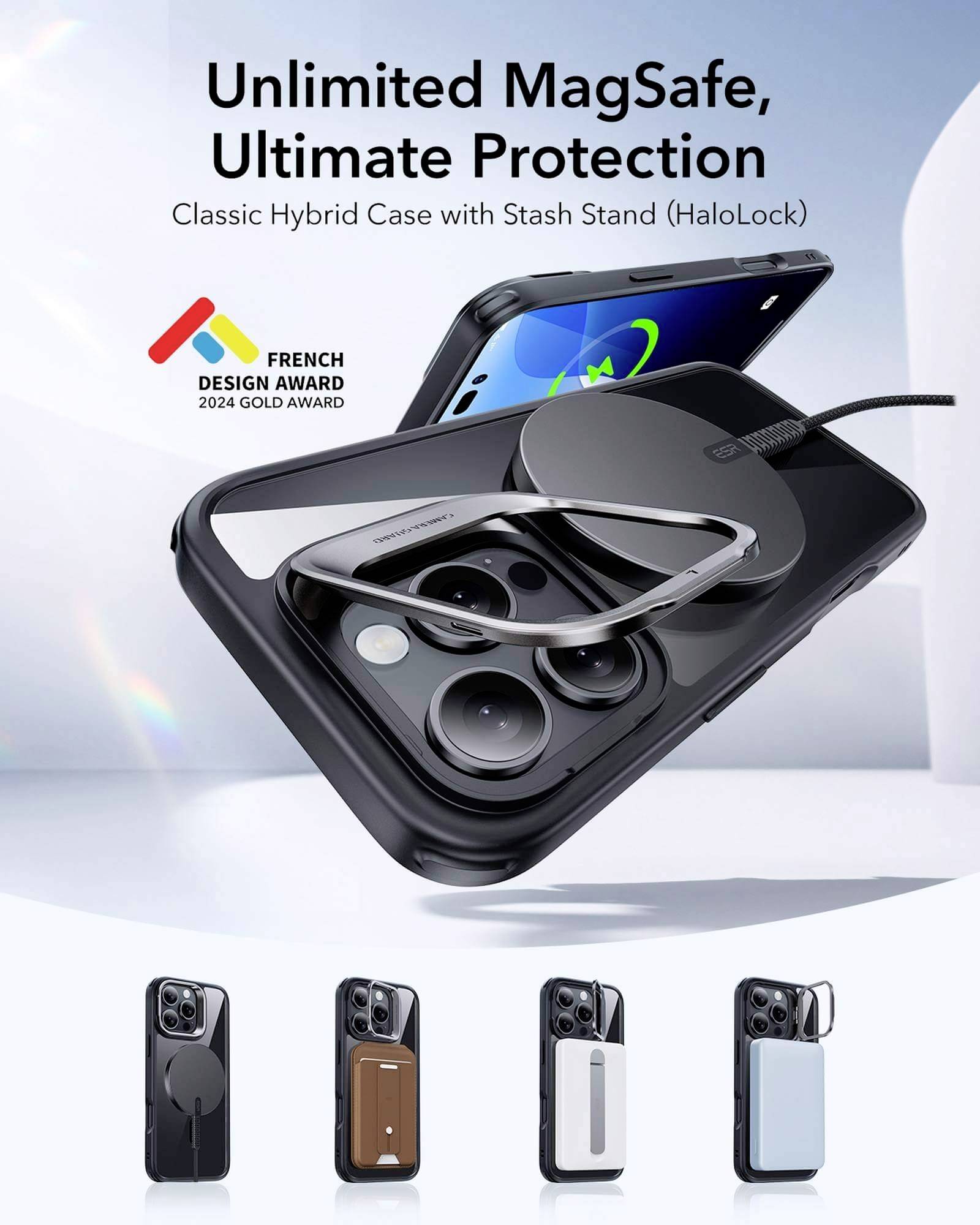 'Unlimited MagSafe, Ultimate Protection: Classic Hybrid Case with Stash Stand (HaloLock)' zeigt ein elegantes Smartphone-Case mit Funktionalität.