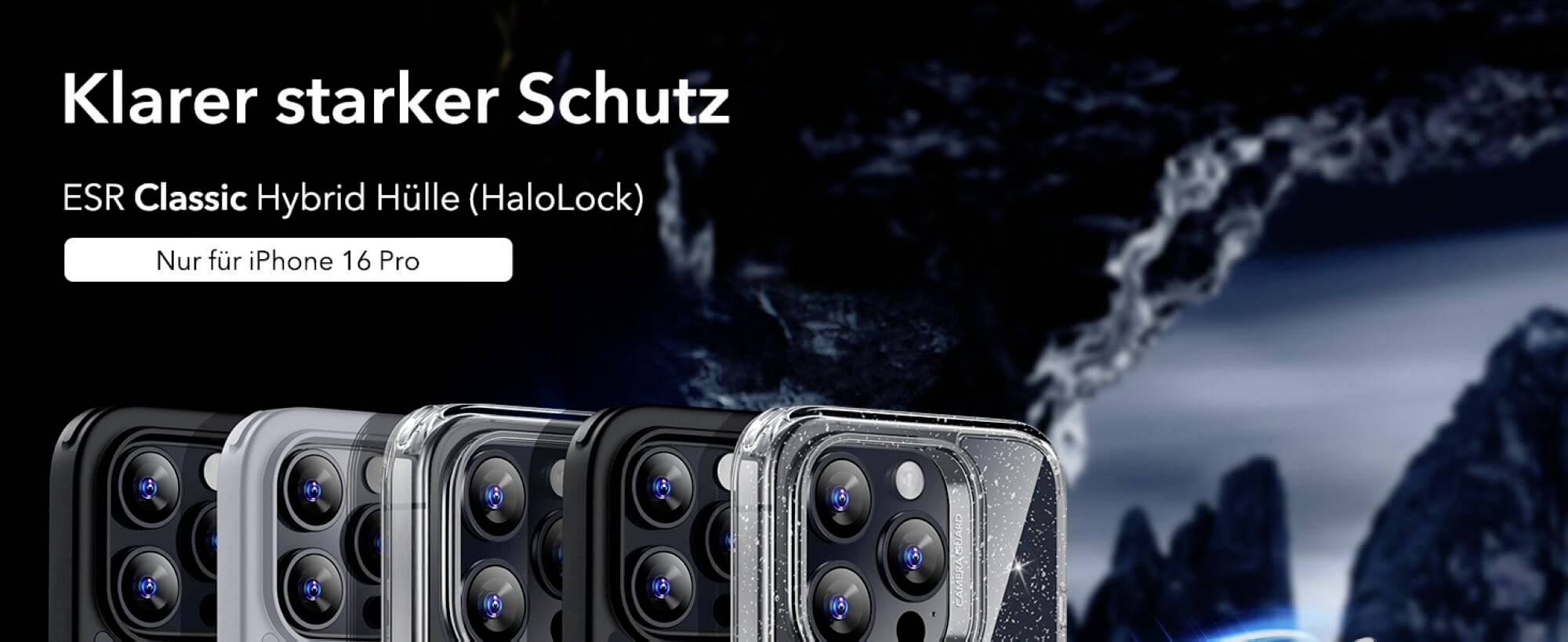 Klares starkes Schutzhüllen-Design für iPhone 16 Pro, mit ESR Classic Hybrid Hülle (HaloLock), beworben in einer futuristischen Kulisse.