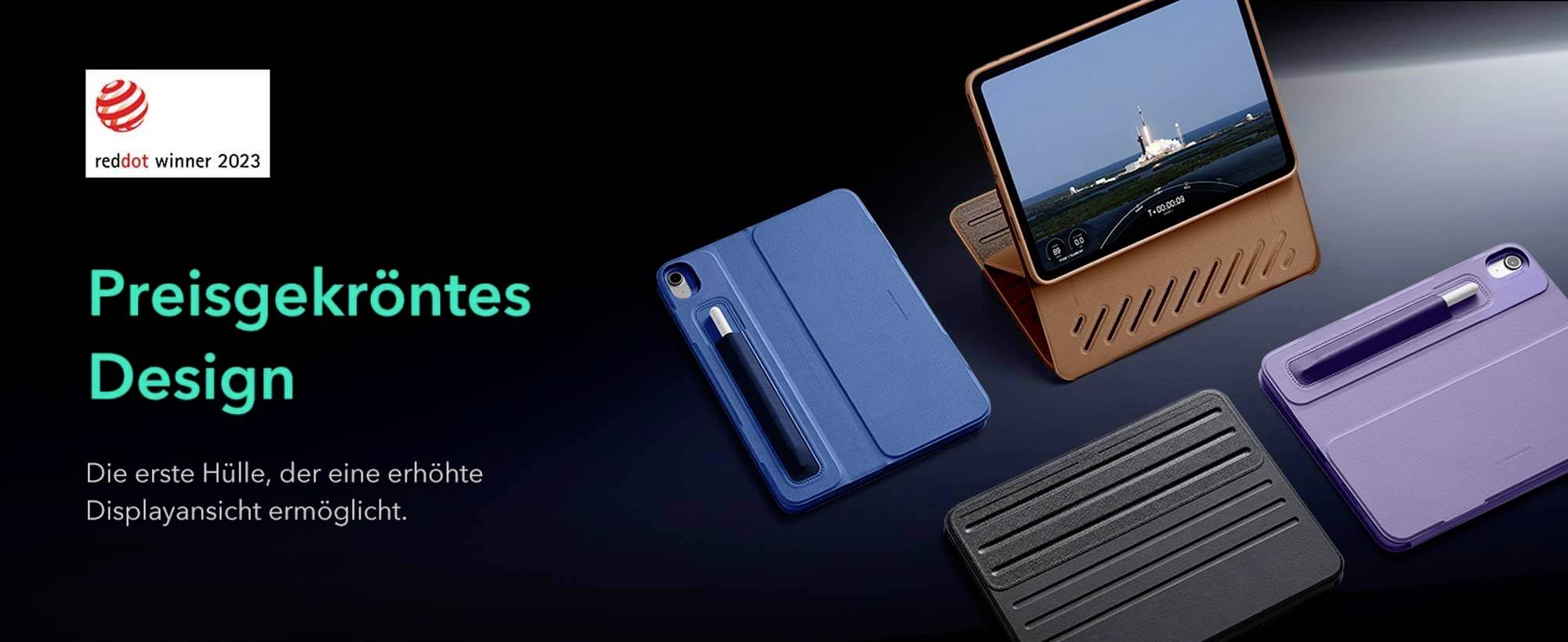 Preisgekröntes Tablet-Hüllendesign mit erhöhtem Display. Gewinner des Red Dot Awards 2023. Abgebildet mit Stift und verschiedenen Farben.
