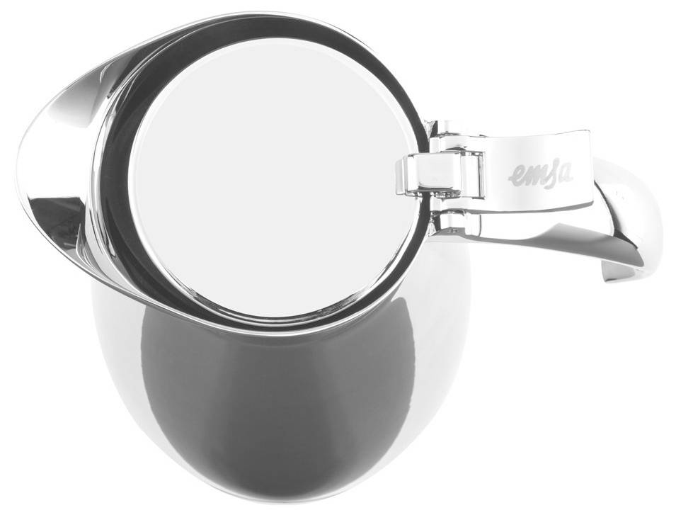 Eine silberne Teekanne mit glänzendem Finish, von oben gesehen. Der Deckel ist geschlossen und der Griff zeigt nach rechts.