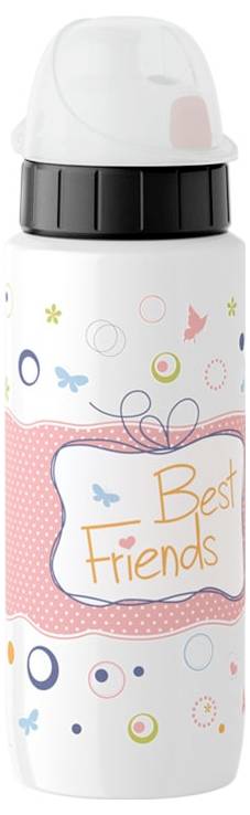 Weiße Trinkflasche mit verspieltem Design aus Kreisen und Schmetterlingen. Aufschrift: 'Best Friends' in einem rosafarbenen Rahmen.