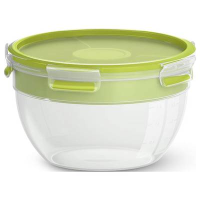 Durchsichtige Plastikschüssel mit grünem Deckel und Messskala an der Seite, geeignet zum Aufbewahren von Lebensmitteln.